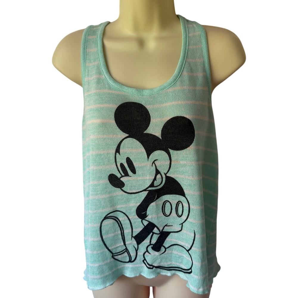 Disney Mickey Mouse Mint Green and White Striped Graphic Tank Top